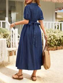 EMERY ROSE Women's Casual Front Button Denim Dress For Vacation - Dark Wash - View 2