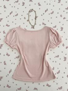 Elamini Damen süße hellrosa Schleife Rüschen Saum Kurzarm Top - Babypink - Übersicht 2