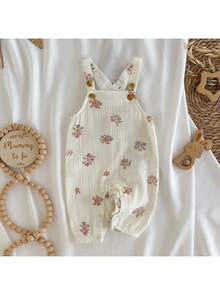Loomiva Newborn Baby Girl Floral Print Strap Romper & Pants Set, Versatile & Comfortable,Kids - Apricot - View 3