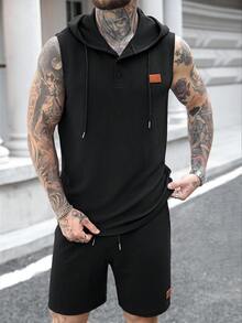 Manfinity CasualCool Men's Drawstring Hooded Sweatshirt And Drawstring Waist Shorts Casual Daily Suit - Black - View 6