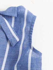 2pcs/Set Baby Girls' Casual Solid Color Round Neck Top With Bow Decor At Back And Striped Shorts Set, Blue - Light Wash - View 4