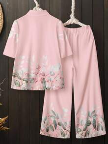 Lacomfia 2pcs Women Casual Button Collar Printed Set - Baby Pink - View 2