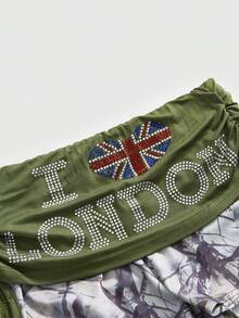 ROMWE Y2K Women's Street Style Rhinestone Embellished Mini Skirt, Tree Branch & Plant Print Pattern Shorts - Army Green - View 3