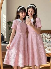 SHEIN ChillGRL Diamond Collar, Jacquard Textured Fabric, French Style, A-Line Maxi Skirt, Elegant High Waist Snug Fit, Fashionable & Graceful For Teenage Girls In Summer - Pink - View 2