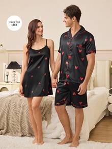 Herrpyjamaset i satin med hjärtmönster, krage och shorts, svart bakgrund - Svart - Visa 3