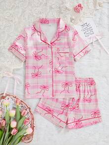 Girls Butterfly Striped Print Satin Trim Contrast Color Short Sleeve Shorts Cardigan Pajama Set, Fashion Lapel Casual Loungewear - Multicolor - View 1