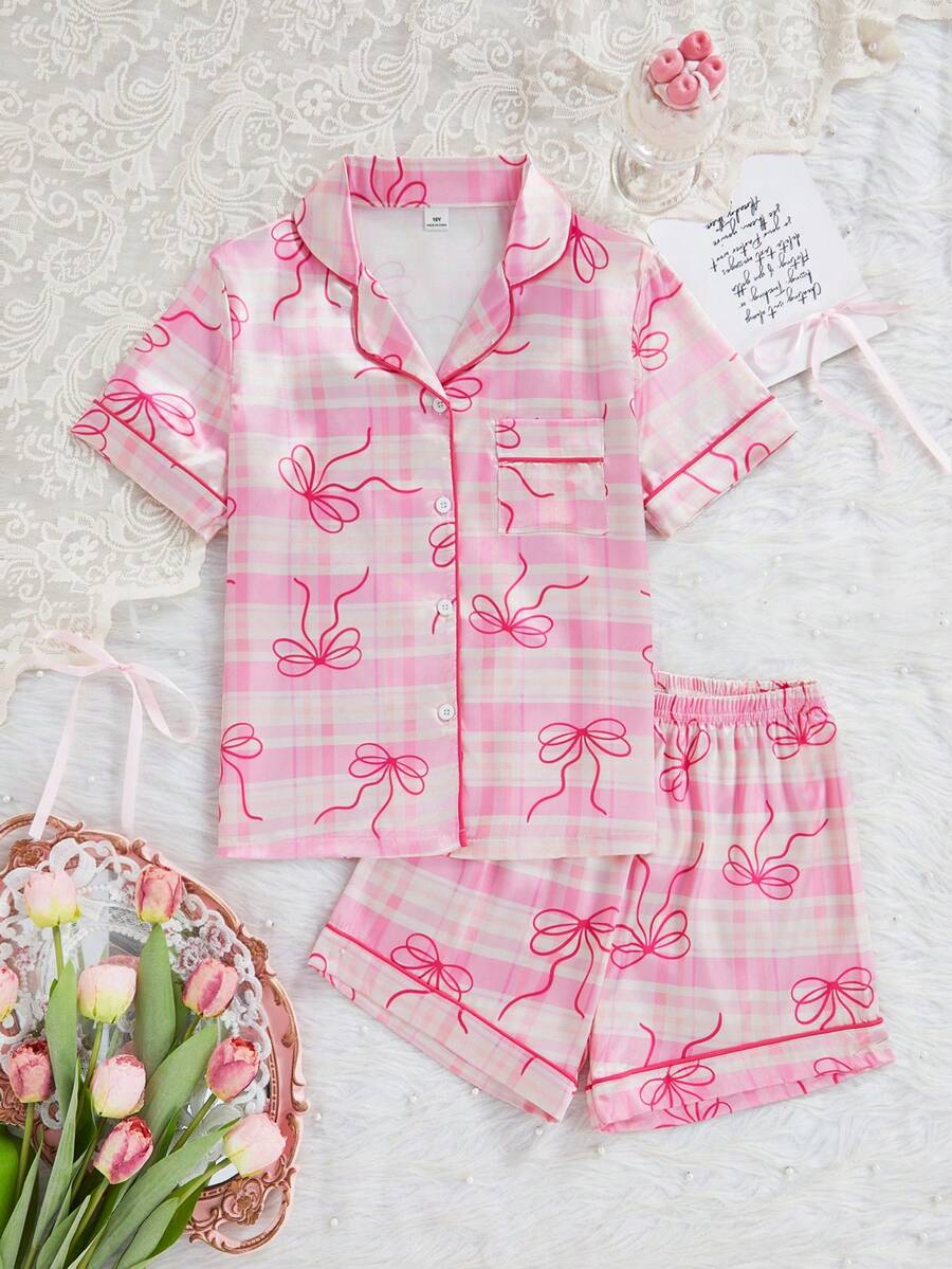 Girls Butterfly Striped Print Satin Trim Contrast Color Short Sleeve Shorts Cardigan Pajama Set, Fashion Lapel Casual Loungewear - Multicolor - View 1