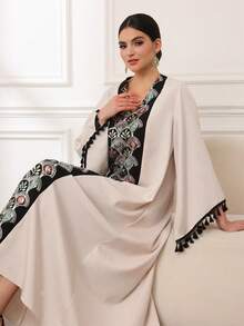 Al Najma Women's Retro Sequin Embroidery Tassel Sleeve V-Neck Maxi Arabic Robe - Multicolor - View 4