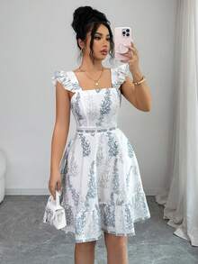 SHEIN Elenzya 女士蝴蝶结露背腰带A字连衣裙，魅力优雅假日休闲甜美可爱通勤海滩海岛性感时尚约会法式街头复古百搭春夏蓝白新款喇叭袖连衣裙 - 彩色 - 查看 6