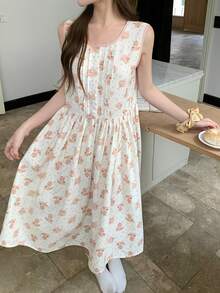 Summer Sweet Floral Cat & Dog Print Pleated Sleeveless Women Nightgown - Beige - View 7