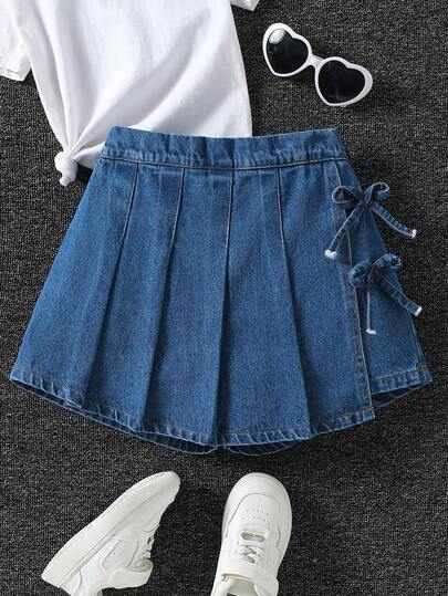SHEIN ChillGRL 少女休闲复古水洗蓝短裙裤，侧边蝴蝶结系带，褶裥设计，舒适腰带，百搭牛仔短裙裤，新品上市