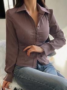 DAZY Women's Striped Long Sleeve Single-Breasted Casual/Work Shirt - Brown - View 1