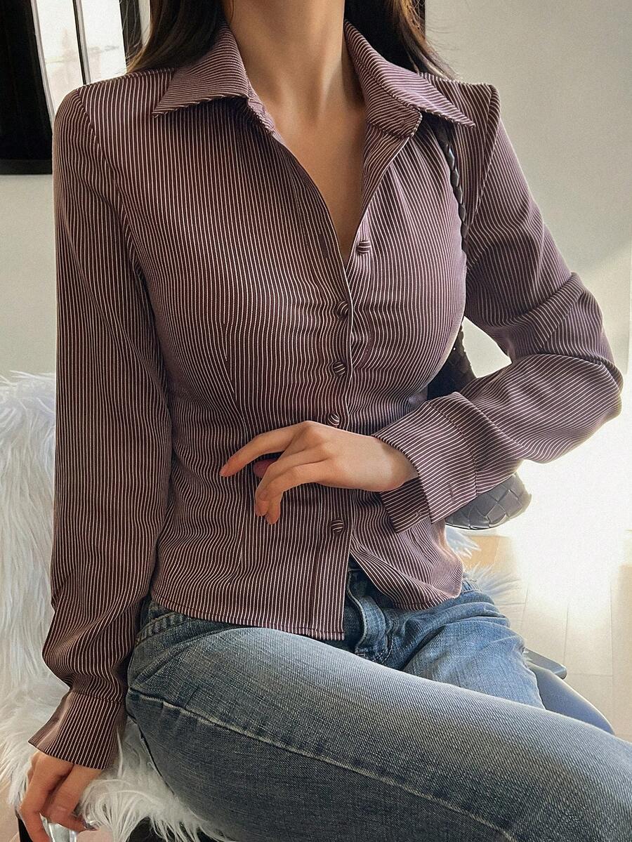 DAZY Women's Striped Long Sleeve Single-Breasted Casual/Work Shirt - Brown - View 1