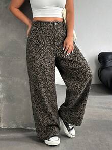SHEIN ICON Y2K街头风休闲加大码豹纹宽松牛仔裤 - 彩色 - 查看 5