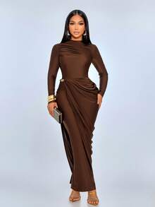 SOLERSUN Sexy Elegant Kink Decorative Buckle Side Stacked Pleated Fake Two-Piece Party Dress - Coffee - View 4