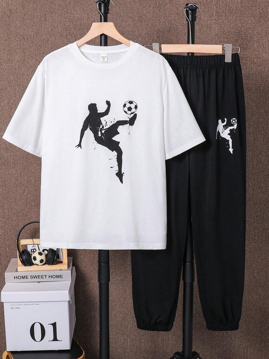 SHEIN 2件套青少年男童休闲字母印花圆领套头衫套装，适合夏季、运动、跑步、户外活动
