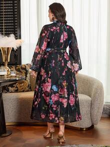 Modelyn Floral Print Stand Collar Long Sleeve Loose Regular Dress, Plus Size, Spring/Autumn - Multicolor - View 2