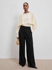 ATUI Studio Women's Solid Color Round Neck Ruffle Patchwork Loose Fashion Blouse - Apricot - View 3