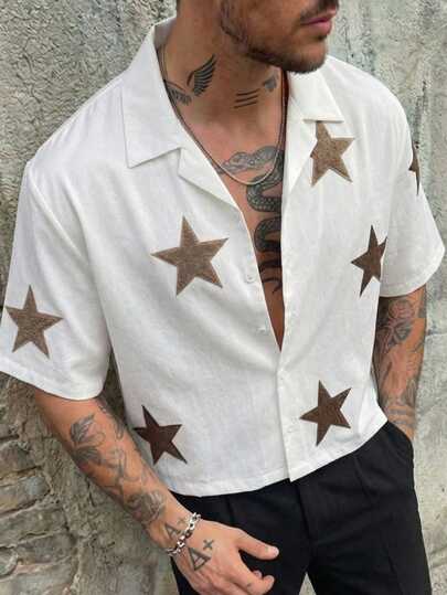 HIMLAND Men's Pentagram Embroidery Design Short Sleeve Single-Breasted Casual Shirt Short Sleeve Star Shirt White Shirt With Stars Star Pattern Shirt Star Shirt Star Button-Up Shirt