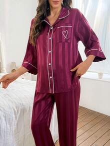 Women's Satin Striped Jacquard Pocket Heart Embroidery 3/4 Sleeve Pajama Set - Burgundy - View 3