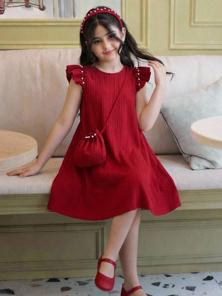 SHEIN 少女優雅圓領荷葉袖珍珠撞色洋裝 - 紅色 - 查看 1