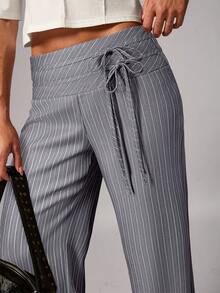 Avenya 条纹低腰阔腿及地长裤，双腰带装饰 - 灰色 - 查看 2