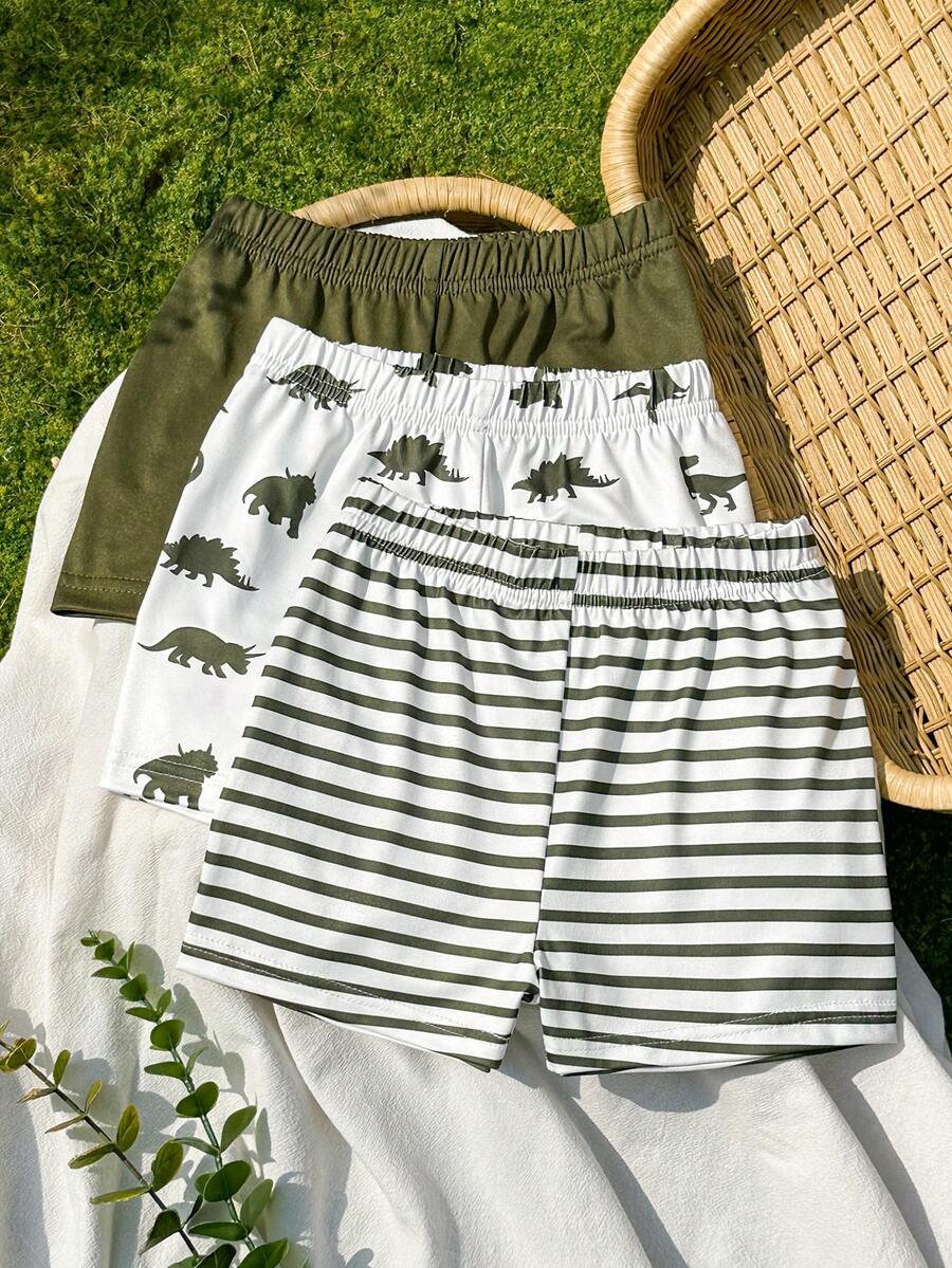 SHEIN Vintaside Kids 3件套男宝宝可爱恐龙印花套装,春夏款 - 綠色 - 查看 1
