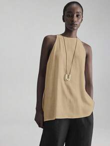 Ontre 2026春夏音乐节、演唱会、乡村音乐节、女性音乐表演、2025新款、舒适休闲圆领镂空无袖亚麻女士背心、四季皆宜的日常百搭单品、海滩度假波西米亚风 - 卡其色 - 查看 1