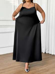SHEIN CURVE+ Đầm slip sang trọng, màu trơn, cổ xếp ly, dành cho nữ cỡ lớn, thích hợp cho mùa Thu/Đông, Giáng sinh, Năm mới, Lễ Tạ ơn, Tiệc tùng, Đám cưới, Đi biển, Lễ tốt nghiệp, Thanh lịch, Thường ngày, Đi chơi, Hẹn hò, Hẹn hò, Đi làm. - màu đen - Xem 11