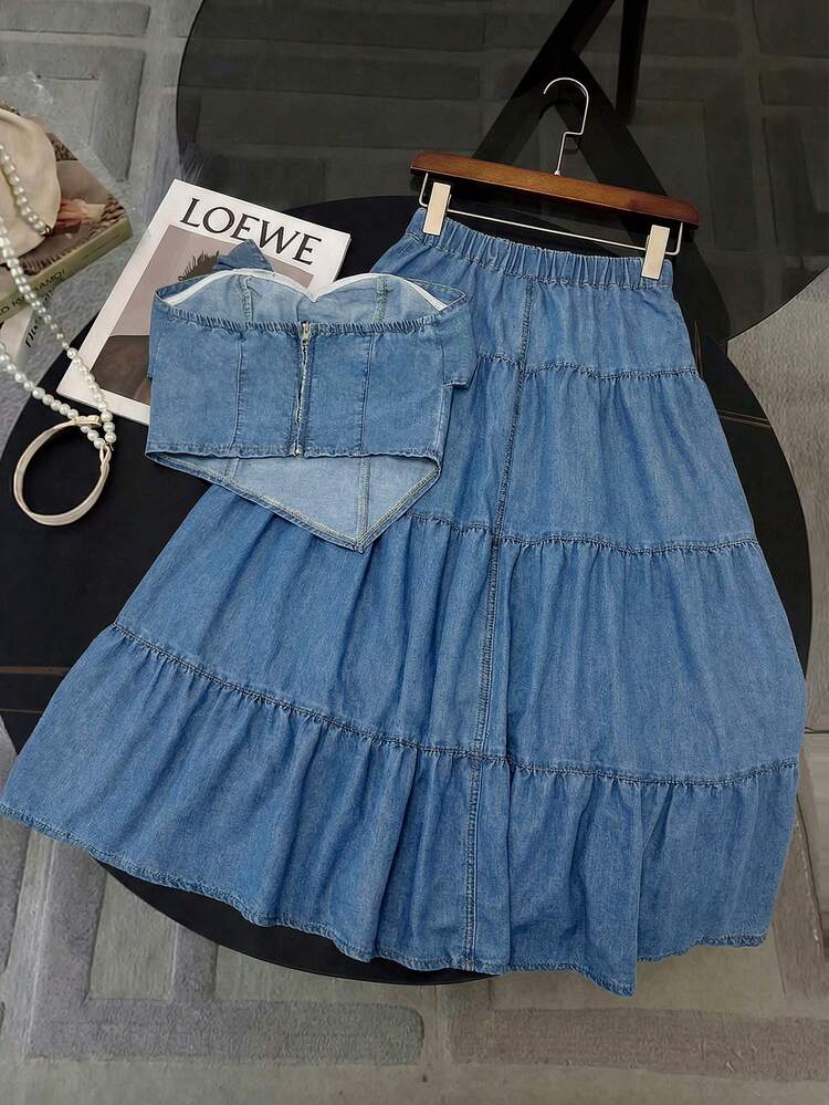 GlowEve Conjunto de top tubo con lazo decorativo y falda de mezclilla de verano para mujer - Azul - Añade 2