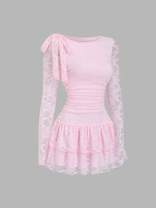 Sweetra Women's Elegant Commuting Daily Wear Pink Sexy Sheer Lace Mini Dress, Boat Neck, Bow Tie Waist, Ruched Waist, Tiered Skirt, Suitable For Summer Party And Occasions - Pink - View 1