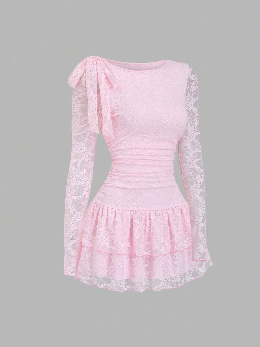 Sweetra Women's Elegant Commuting Daily Wear Pink Sexy Sheer Lace Mini Dress, Boat Neck, Bow Tie Waist, Ruched Waist, Tiered Skirt, Suitable For Summer Party And Occasions - Pink - View 1