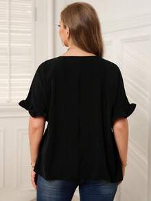 EMERY ROSE Plus Size Women's  Vacation Casual Dark Blue Mom Shirts With Ruffled Sleeves For Summer - Black - View 2