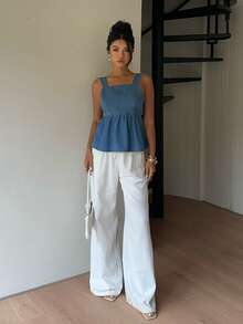 Siren Gaze 女士Y2K露背荷叶边下摆粗肩带牛仔短款上衣 - 中等水洗藍 - 查看 5