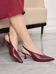 Sleekvia 女士尖头性感套脚酒红色PU后跟提拉带低帮春季鞋通勤细跟猫跟空心女鞋 - 酒紅色 - 查看 1