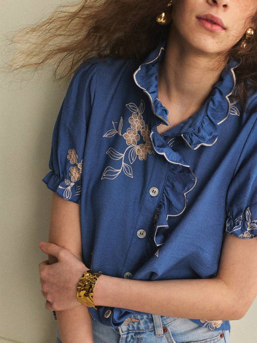 Écloséra Women's Elegant French Blue Floral Embroidered Shirt,Summer Tea Party Ruffle Commuting Fashion Craft Contrast Versatile Long-Sleeved Shirt - Blue - View 1