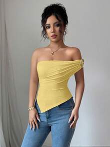 Rafferiza 女士夏季不对称下摆装饰肩部衬衫，优雅修身款上衣 - 淡黃色 - 查看 6