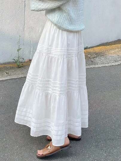 FRIFUL Women's Solid Color Elastic Waist Pleated Flared Skirt, Loose Casual Versatile