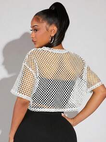 SHEIN SXY Áo croptop nữ màu trơn cổ tròn, vai rớt, khoét lỗ - trắng - Xem 2