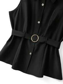 GlowEve CURVE Plus Size Women's Solid Color Lapel Button Casual Versatile Commuter Shirt - Black - View 4
