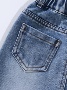 Young Girl Summer Casual Washed Strawberry Print Denim Mini Skirt - Light Wash - View 5