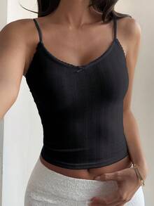 DAZY Áo hai dây ôm dáng màu đen phối ren, trang trí nơ, thích hợp cho mùa xuân và hè, kiểu dáng thường ngày đi nghỉ mát dành cho nữ. - màu đen - Xem 5