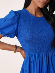 Lilora Women's Elegant Round Neck Gathered Blue Mid-Length Dress - Blue - View 8