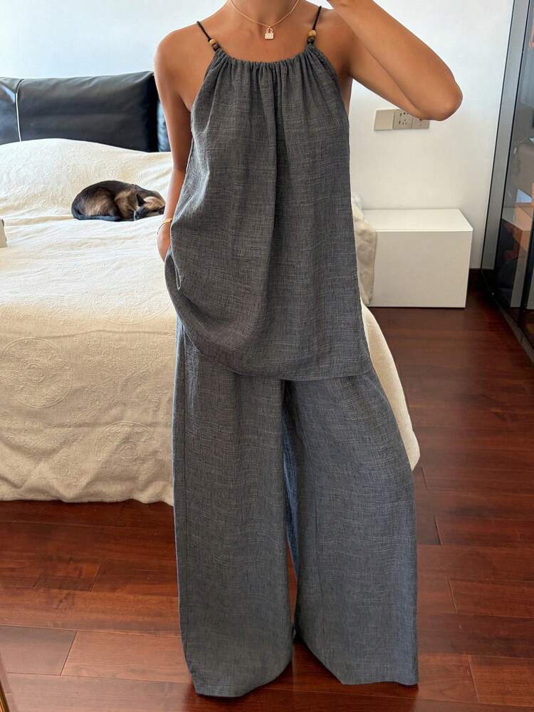 Women's Solid Color Minimalist Sleeveless Top And Pants 2 Pieces Set