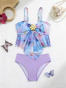 SHEIN 少女蝴蝶渐变数码印花比基尼套装，金属装饰，网纱拼接，细肩带，适合海滩度假，春夏秋季穿着 - 彩色 - 查看 2