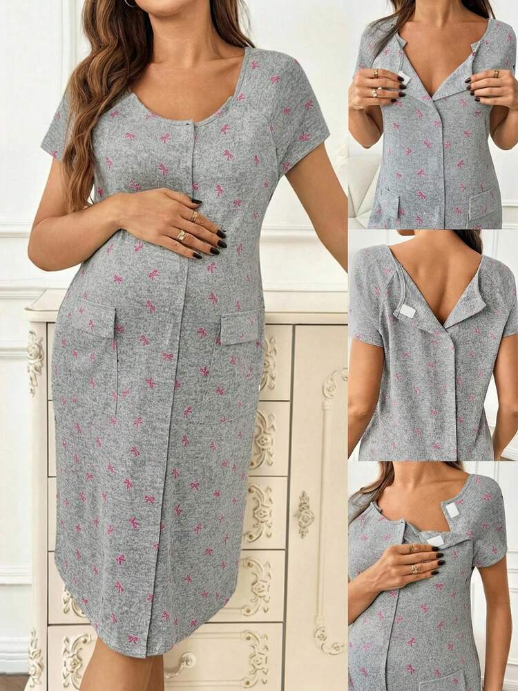 Slowluna Maternity Bow Print Short Sleeve Dress Nursing Dresses Maternity Dress Summer Maternity Two Piece Sets Labor And Delivery Gown Maternity Clothes Two Piece Suits - Pink - View 1