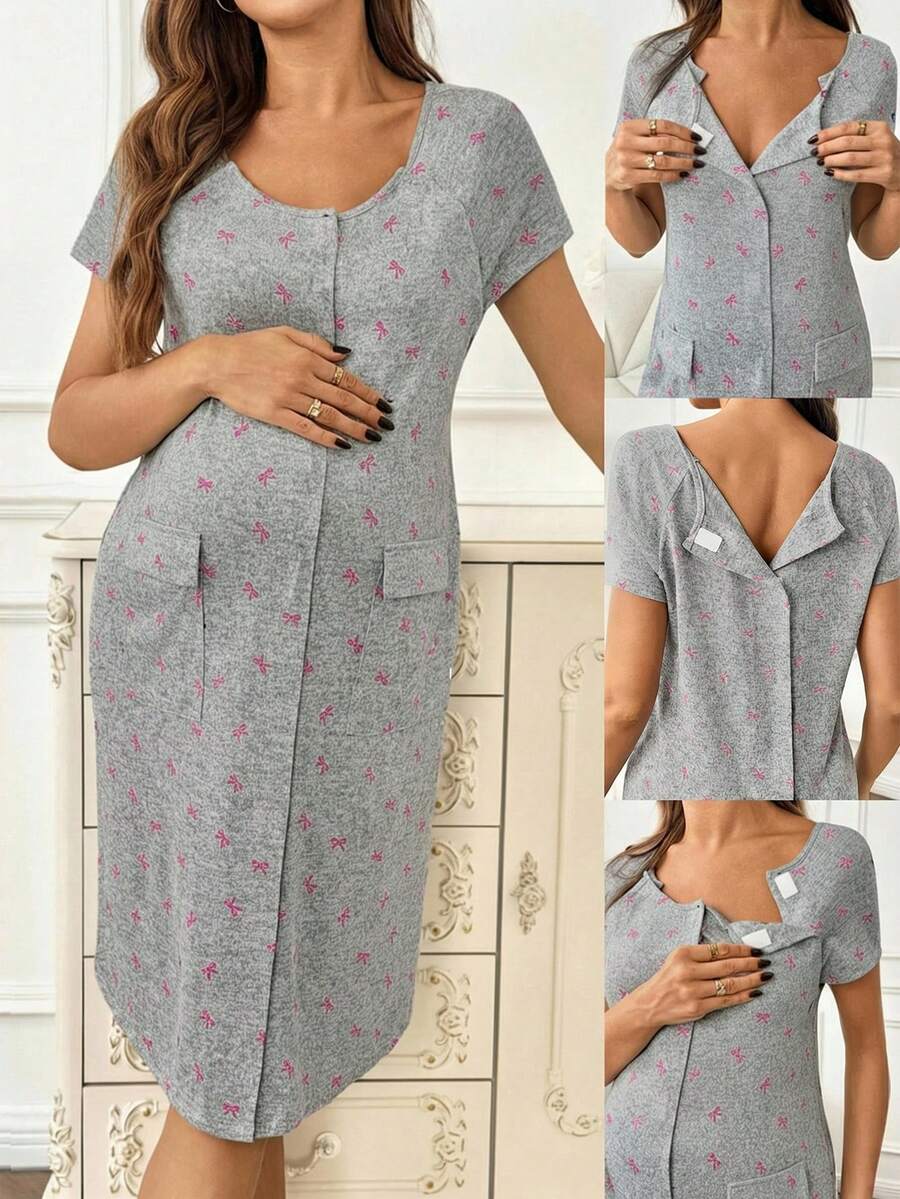 SHEIN Vestido de maternidad de manga corta con estampado de lazo - Rosa - Ver 1