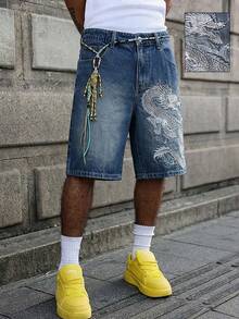 Street Life Men's Casual Fashionable Street Washed Denim Shorts With Chinese Dragon Embroidery, Summer - Blue - View 2