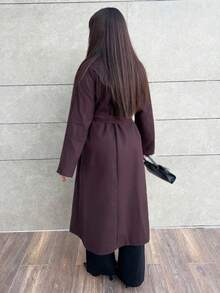 Hitanina 女士纯色双排扣羊毛大衣，时尚通勤，秋冬 - 咖啡棕 - 查看 2