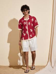 Felipe Marques 男士花卉刺绣纹理面料宽松短袖衬衫，休闲百搭，适合度假、派对、海滩、春秋穿着，红色波西米亚风 - 紅色 - 查看 6